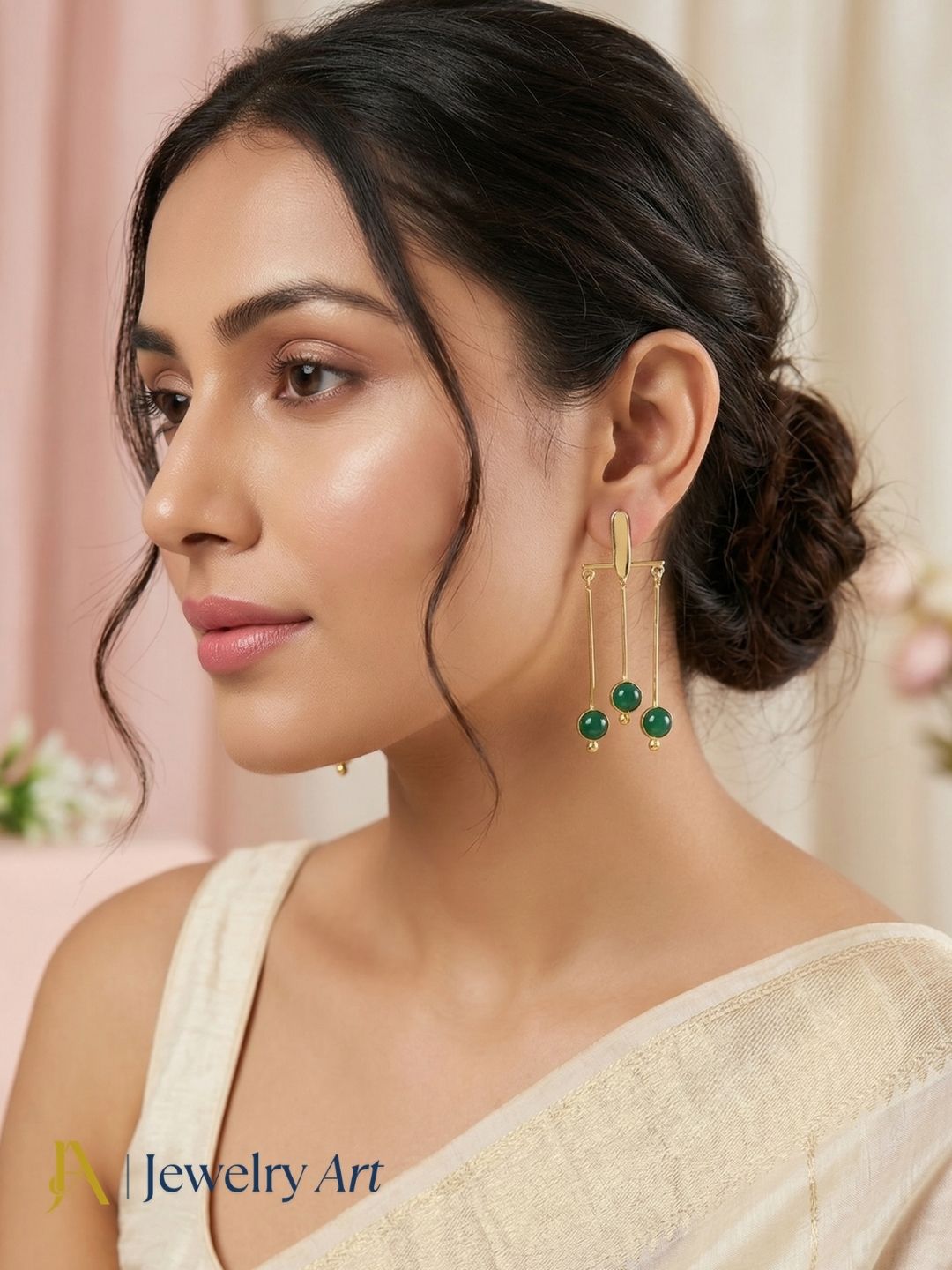 High shine gold plated earrings with green onyx gemstone natural look
