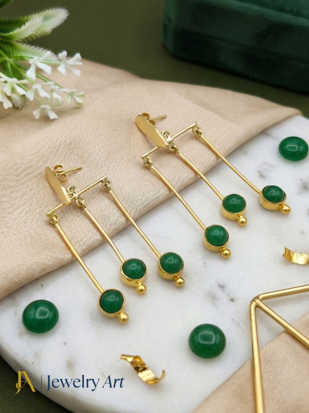 Gorgeous Gold plated Dangle Earrings - Green Onyx Semi Precious Stone Hanging designer Jewelry
