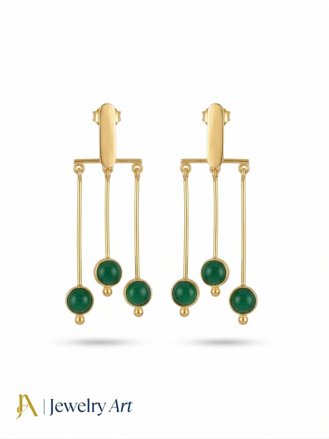 Gorgeous Gold plated Dangle Earrings - Green Onyx Semi Precious Stone Hanging designer Jewelry