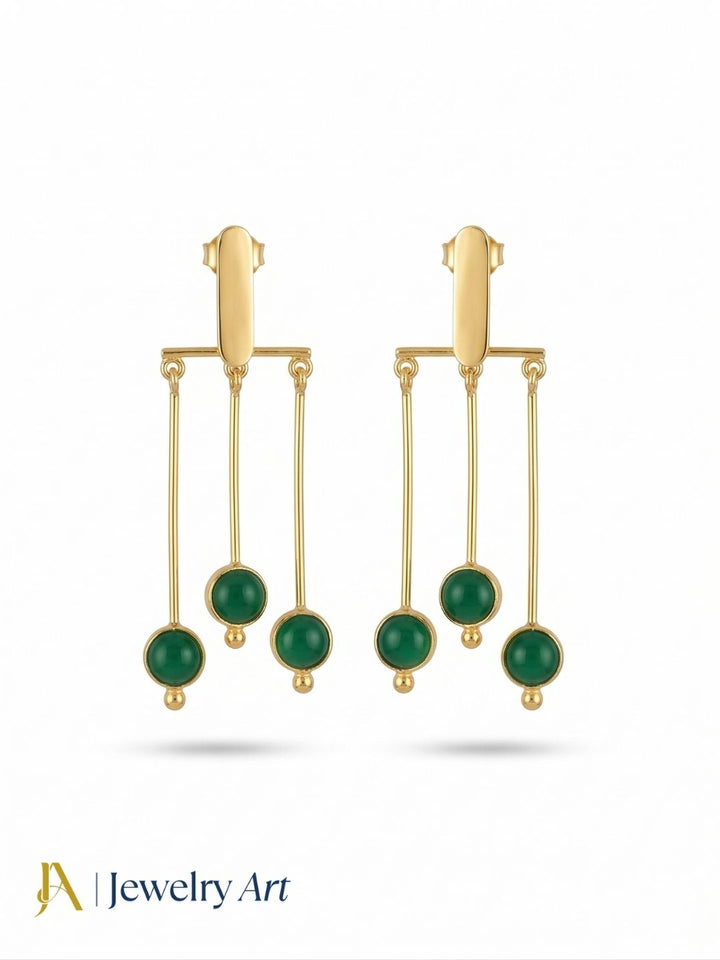Gorgeous Gold plated Dangle Earrings - Green Onyx Semi Precious Stone Hanging designer Jewelry