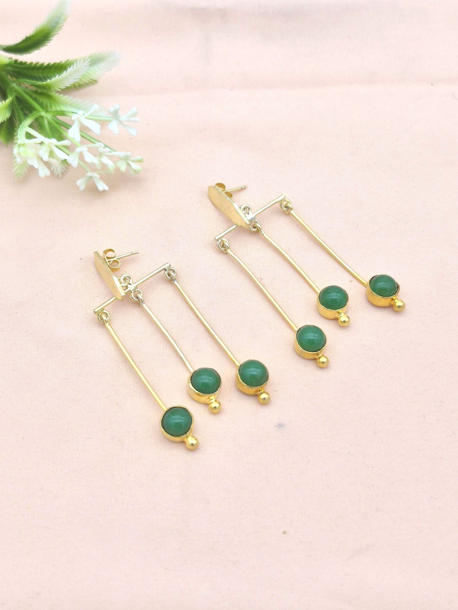 Gorgeous Gold plated Dangle Earrings - Green Onyx Semi Precious Stone Hanging designer Jewelry