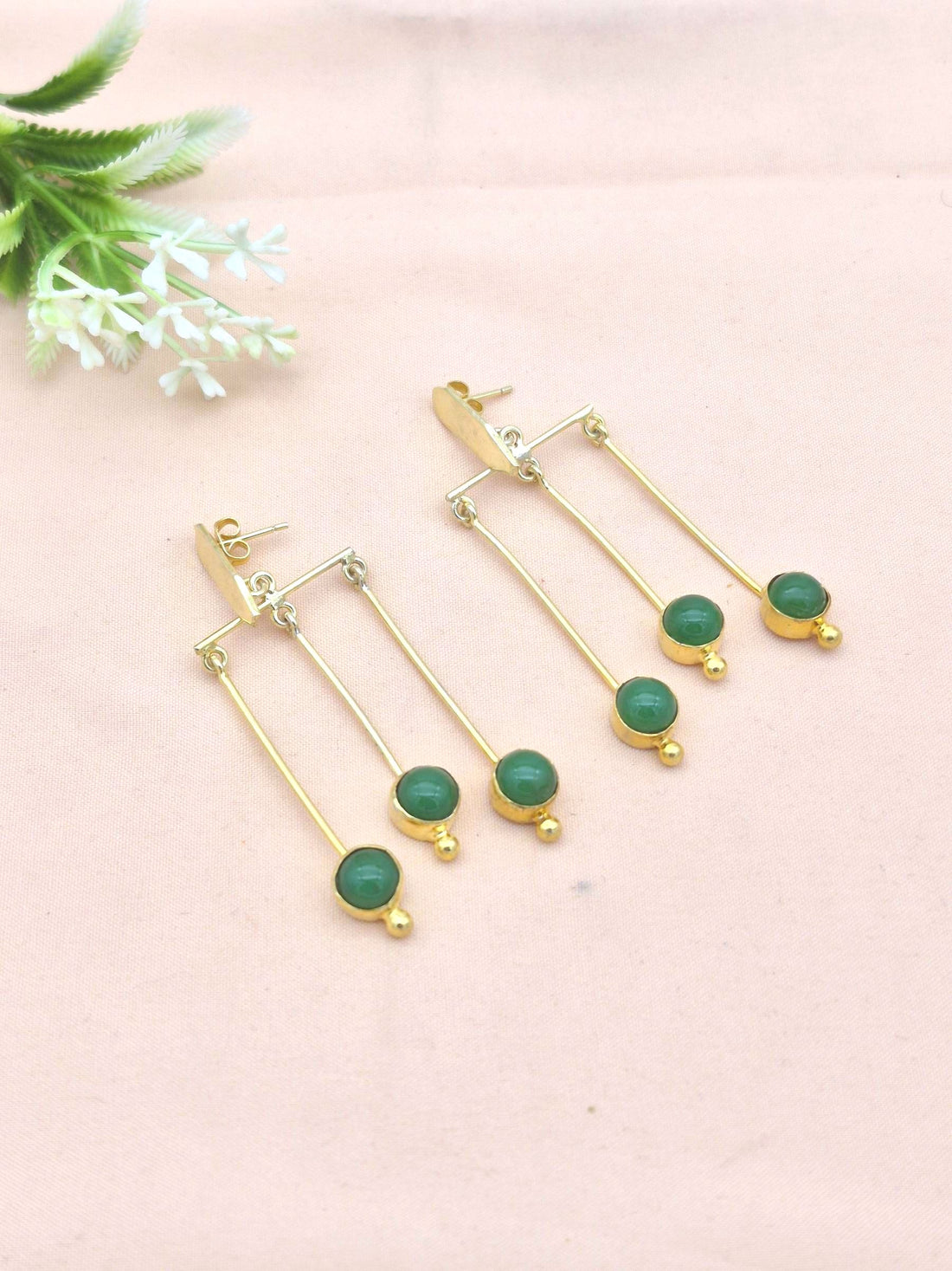 Gorgeous Gold plated Dangle Earrings - Green Onyx Semi Precious Stone Hanging designer Jewelry