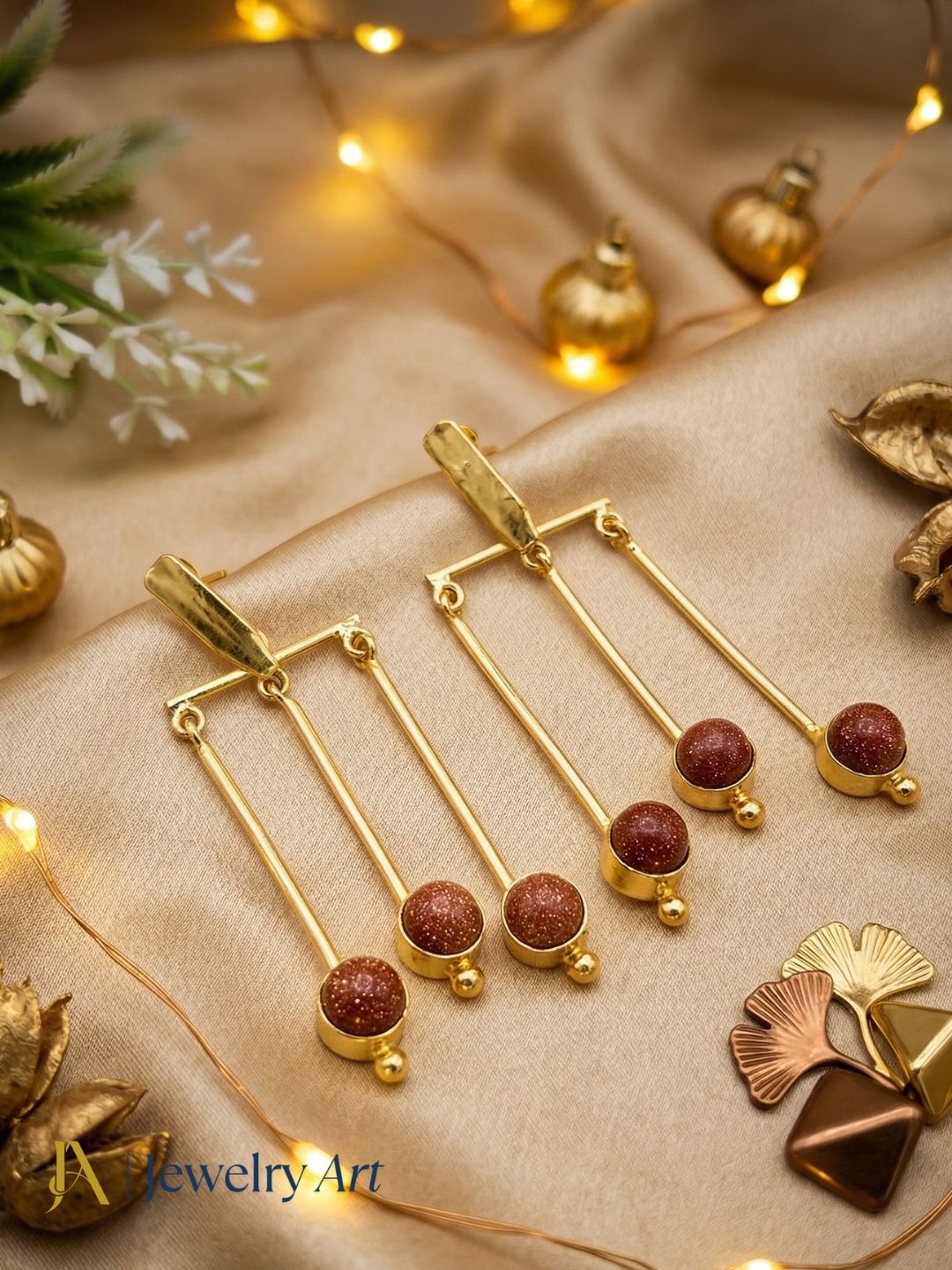 Gorgeous Gold Plated Dangle Earrings - Sun Sitara Semi Precious Stone Hanging Designer Jewelry