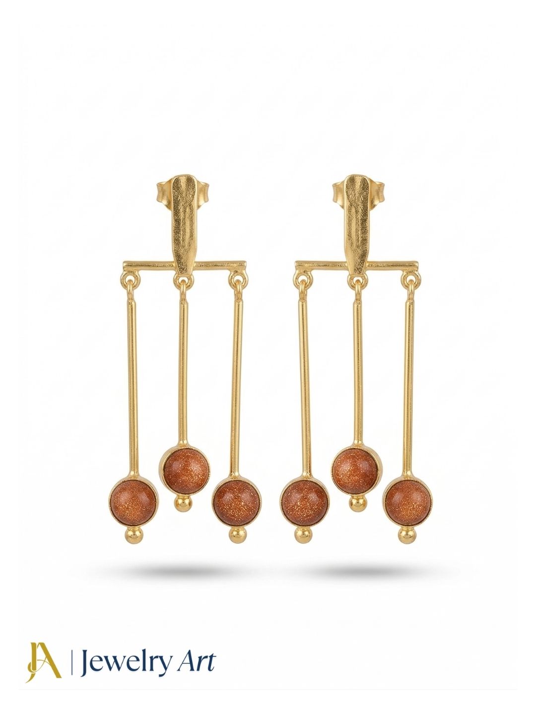 Designer gold plated earrings with  sun sitara accents and glossy light reflection
