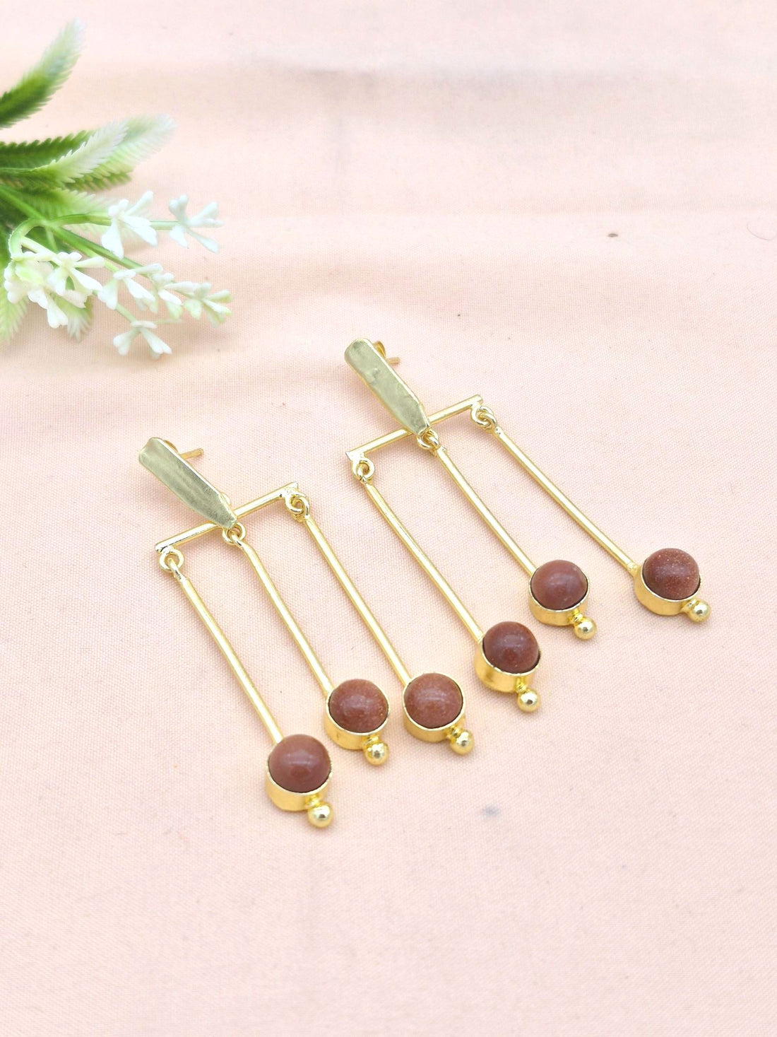 Gorgeous Gold Plated Dangle Earrings - Sun Sitara Semi Precious Stone Hanging Designer Jewelry