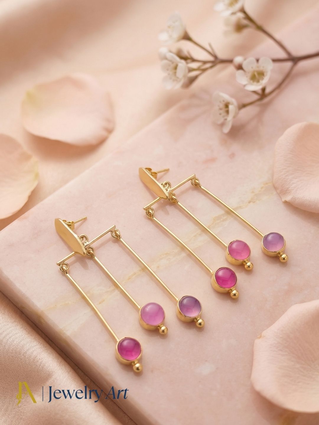 Handcrafted Gold plated Dangle Earrings - Pink Onyx Semi Precious Stone Hanging Designer Jewelry