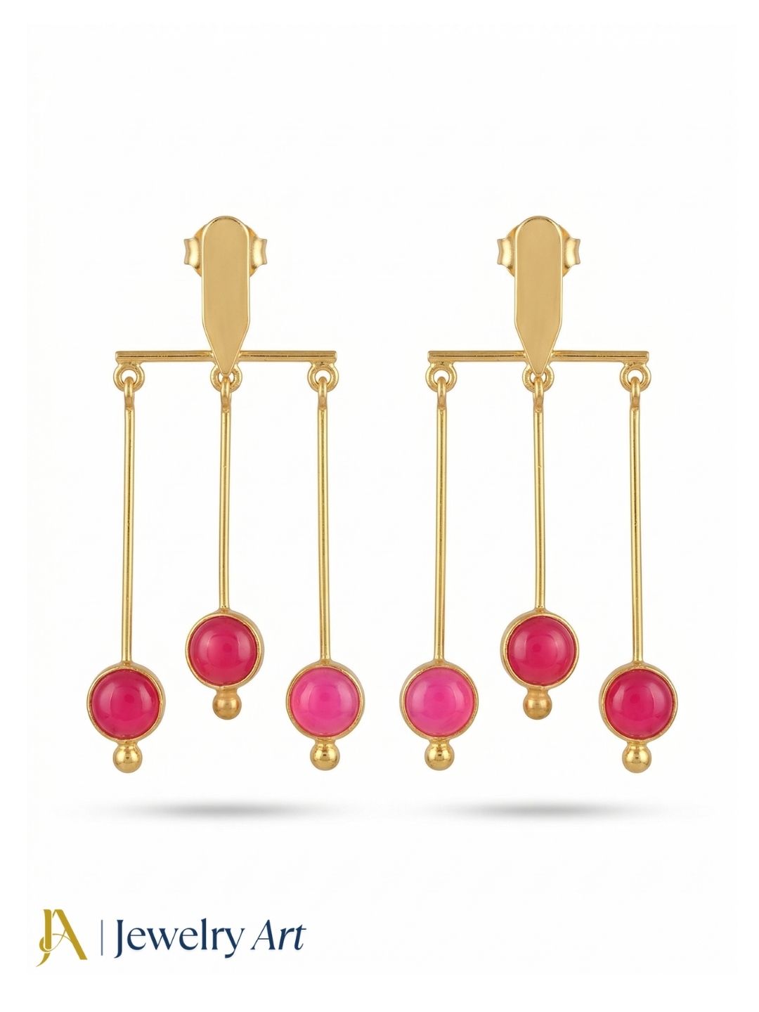 Handcrafted Gold plated Dangle Earrings - Pink Onyx Semi Precious Stone Hanging Designer Jewelry