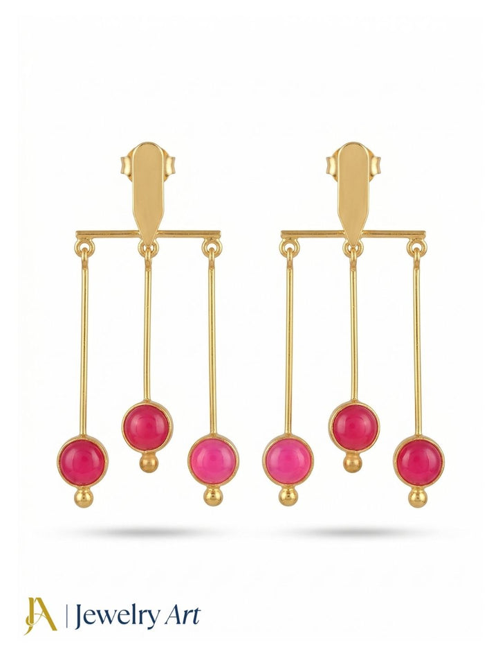 Handcrafted Gold plated Dangle Earrings - Pink Onyx Semi Precious Stone Hanging Designer Jewelry