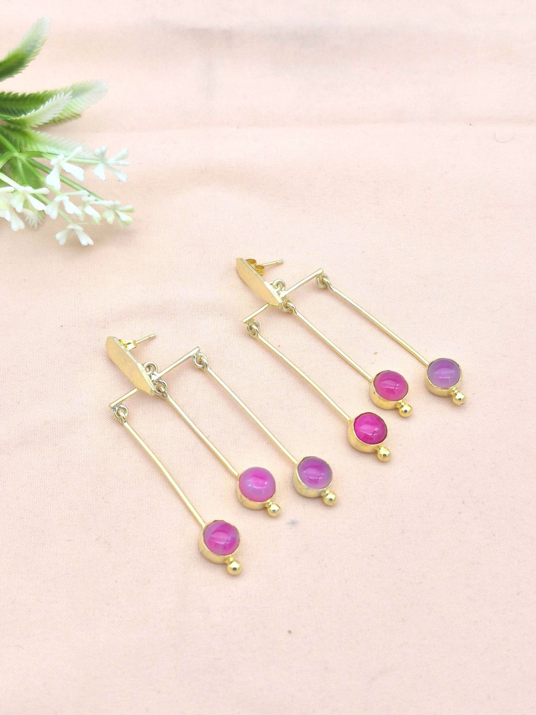 Handcrafted Gold plated Dangle Earrings - Pink Onyx Semi Precious Stone Hanging Designer Jewelry