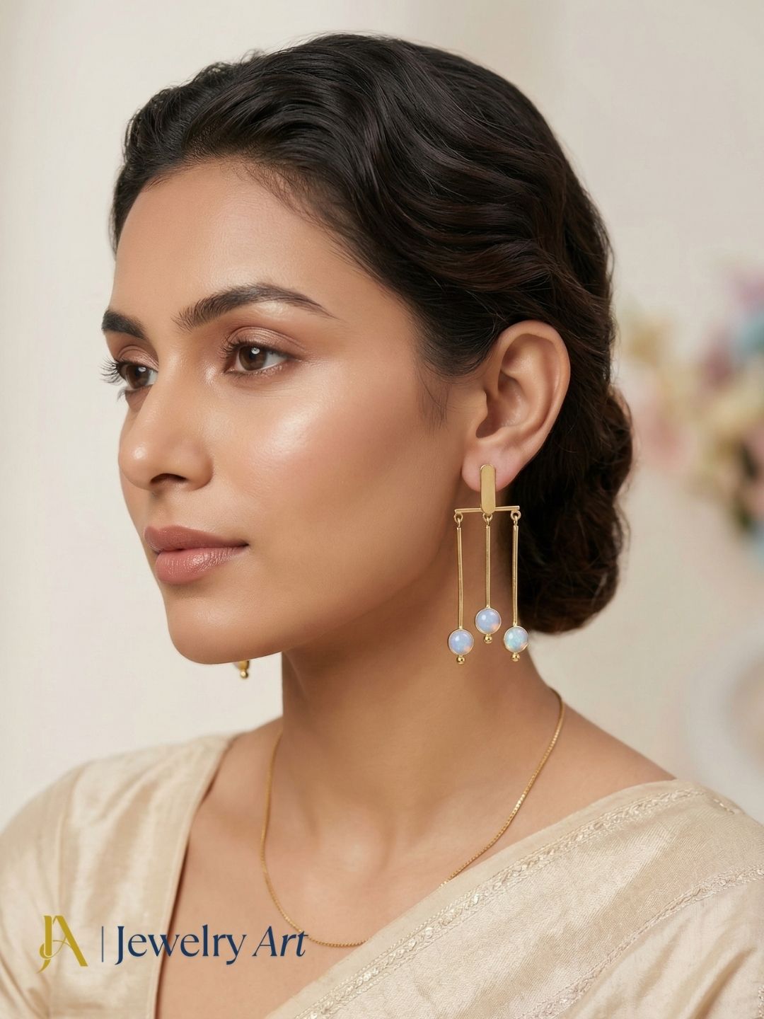 Premium gold plated dangling earrings with colorful synthetic opal gemstone charm
