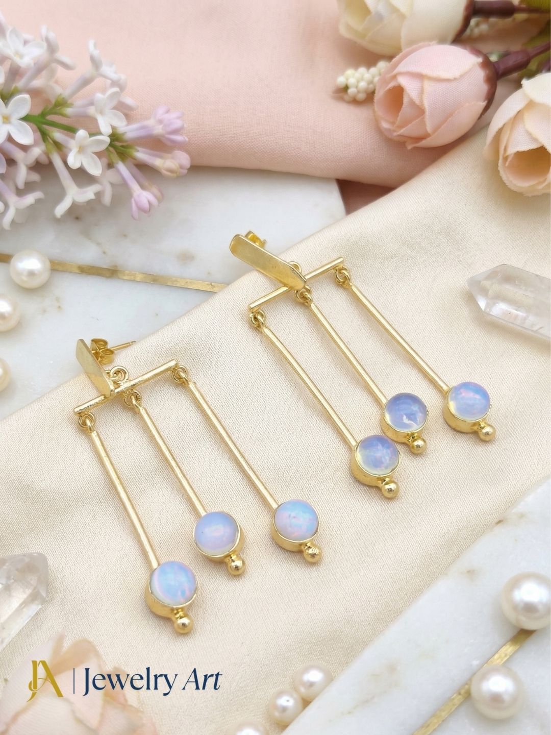 Stunning Gold plated Dangle Earrings - Synthetic Opel Stone Hanging Designer Jewelry