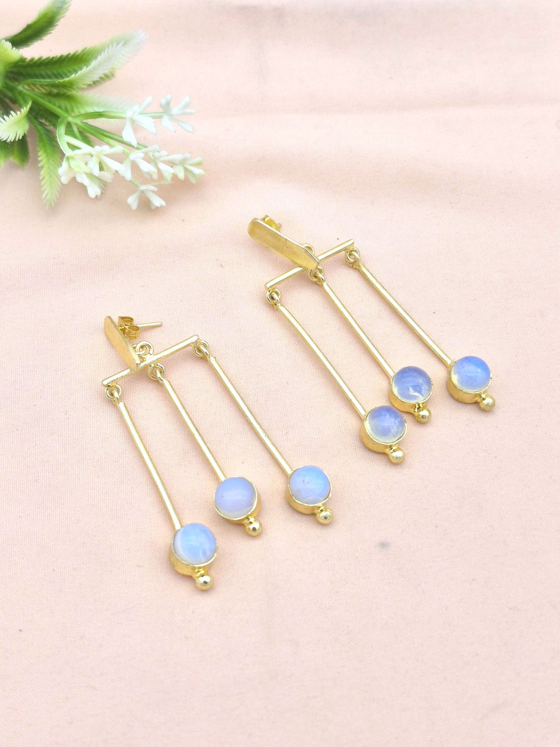 Premium gold plated dangling earrings with colorful synthetic opal gemstone charm
