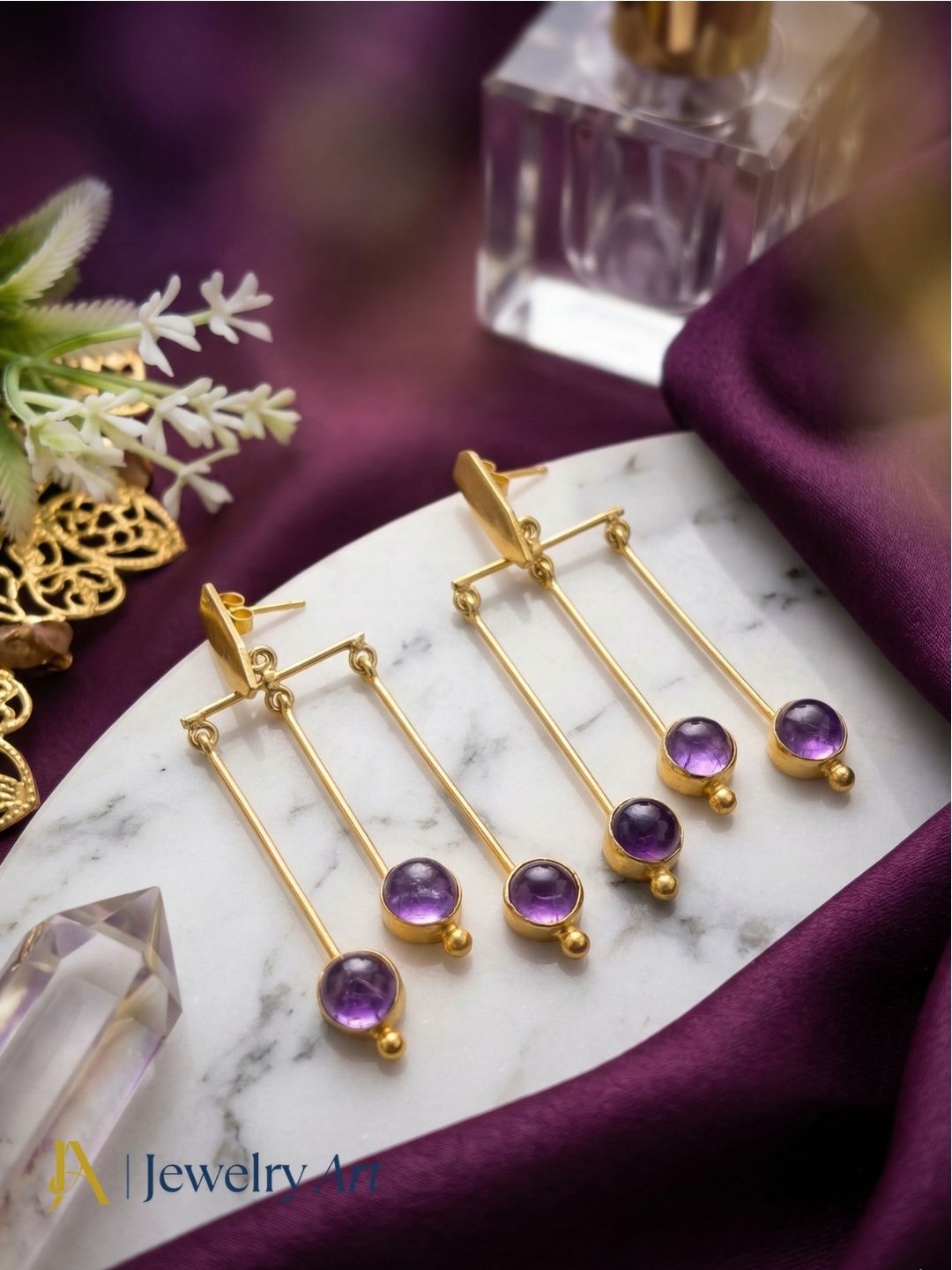 Gold plated Hanging Earrings with Amethyst - Elegant Semi Precious Stone Dangle Jewelry