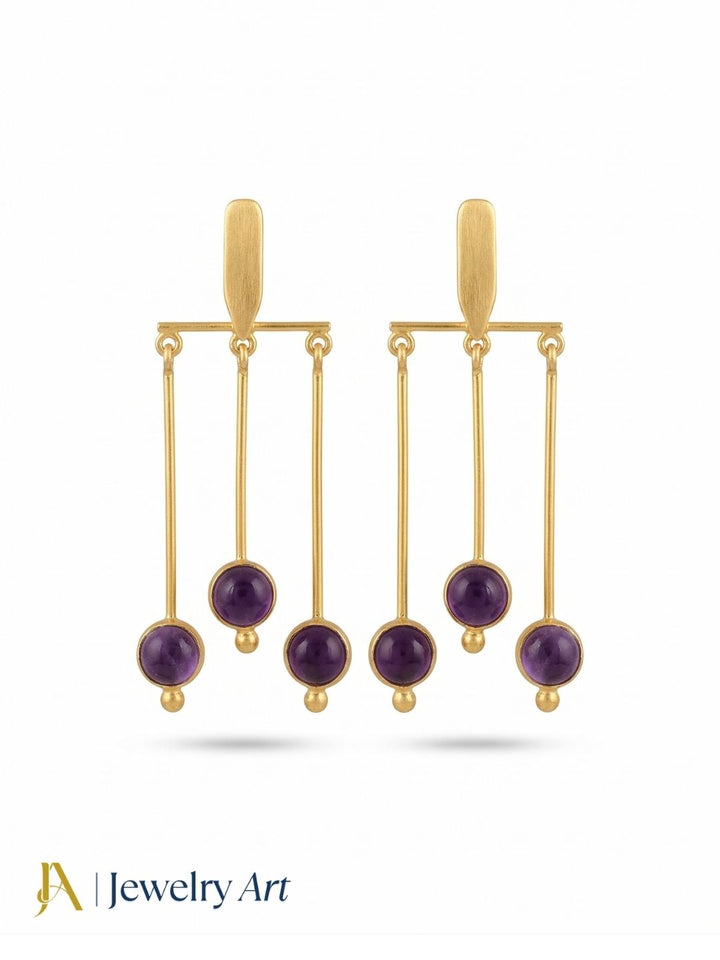 Gold plated Hanging Earrings with Amethyst - Elegant Semi Precious Stone Dangle Jewelry