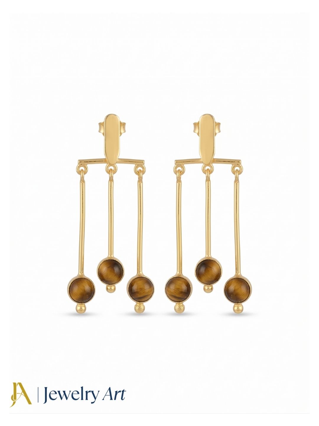 Gorgeous Gold plated Dangle Earrings - Tiger Eye Semi Precious Stone Hanging Designer Jewelry