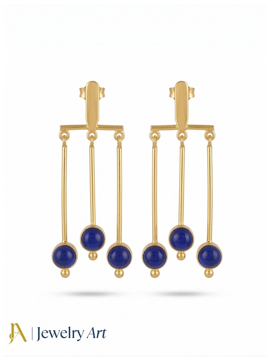 Awesome Gold plated Dangle Earrings- Blue Glass Stone Hanging Designer Jewelry