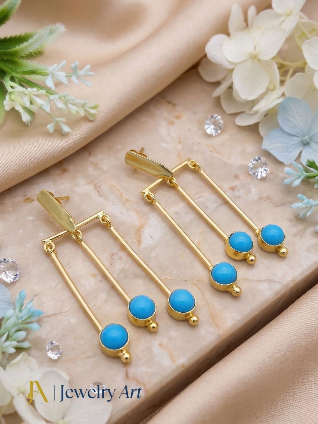 Elegant gold plated hanging earrings with semi precious stone designer dangle jewelry
