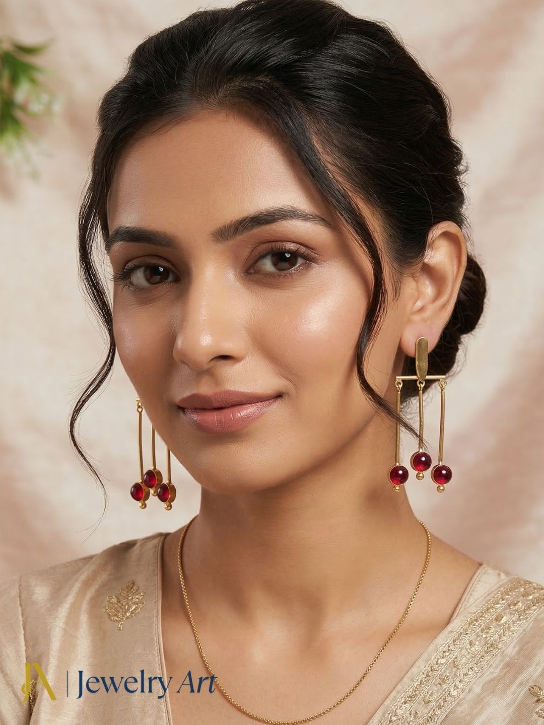 Beautiful gold plated red glass stone hanging earrings lightweight fashion jewelry for women 
