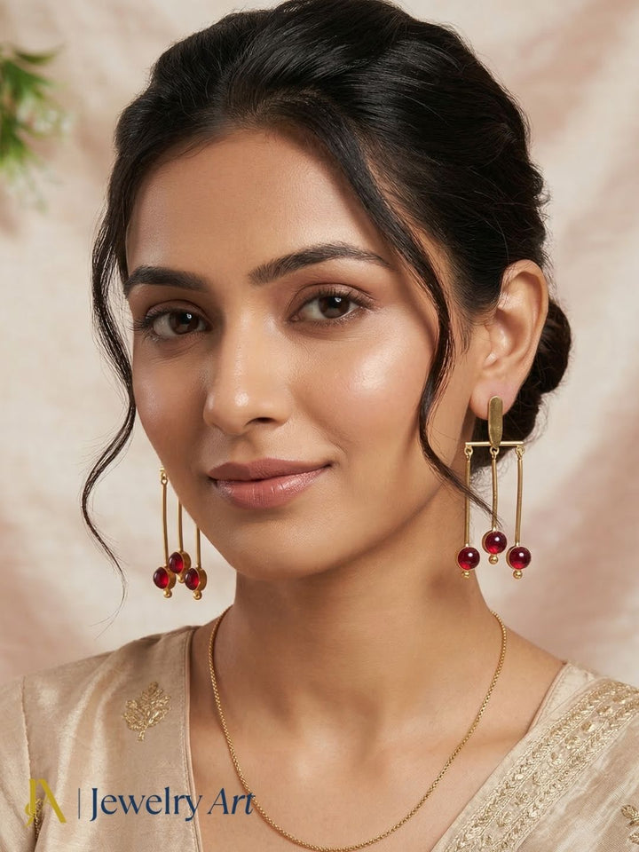 Beautiful gold plated red glass stone hanging earrings lightweight fashion jewelry for women 
