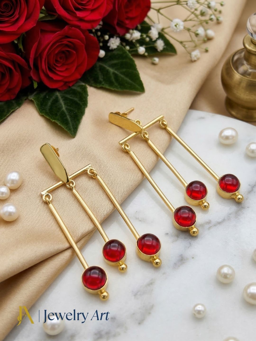 Amazing Gold plated Dangle Earrings - Red Glass Stone Hanging Designer Jewelry