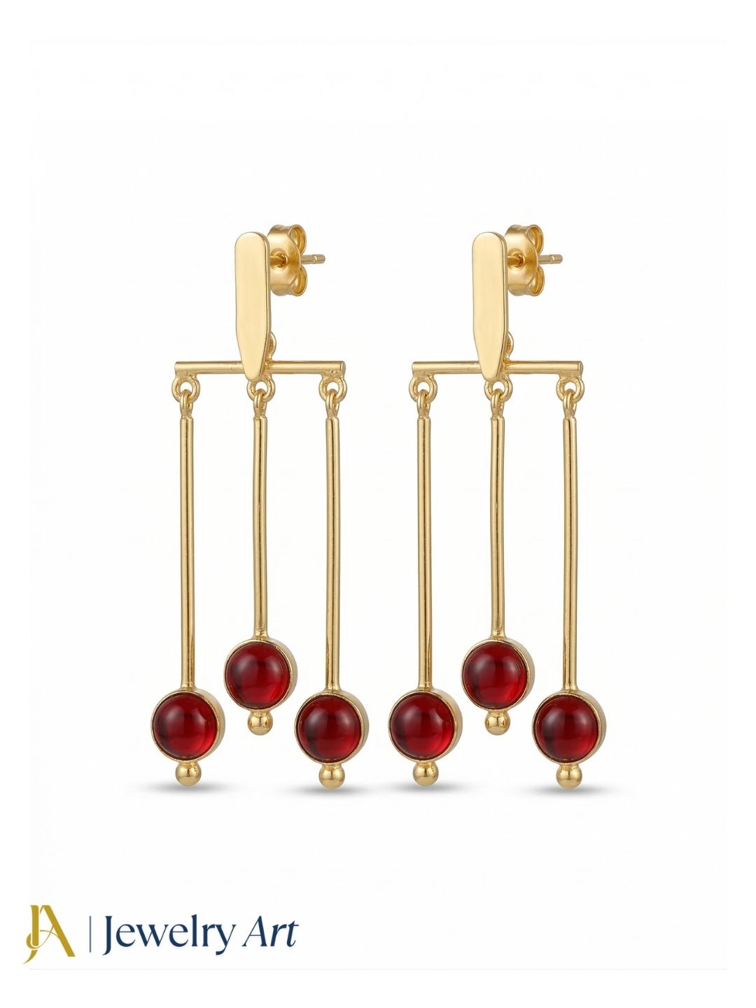 Amazing Gold plated Dangle Earrings - Red Glass Stone Hanging Designer Jewelry