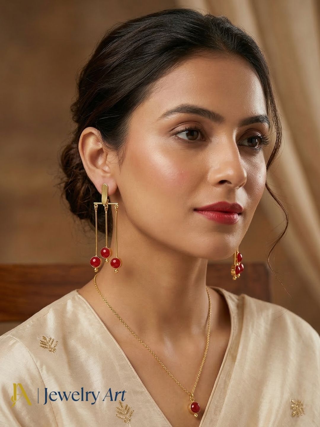 Designer gold plated hanging earrings with semi precious red onyx stone fashion earrings 

