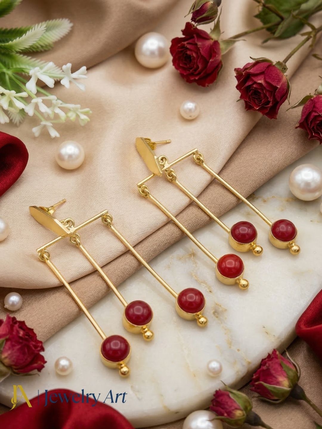 Designer gold plated hanging earrings with semi precious red onyx stone fashion earrings 
