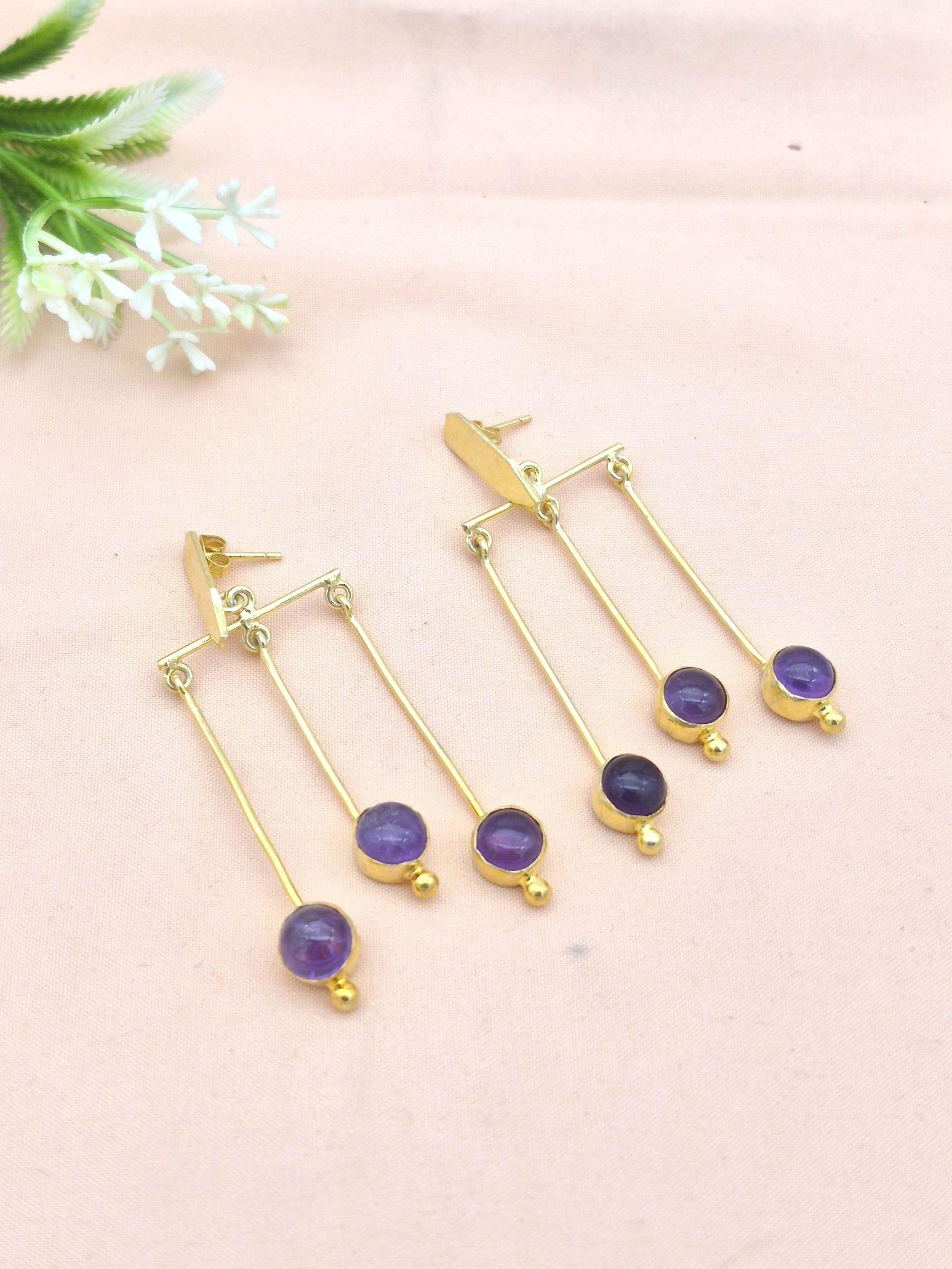 Gold plated Hanging Earrings with Amethyst - Elegant Semi Precious Stone Dangle Jewelry