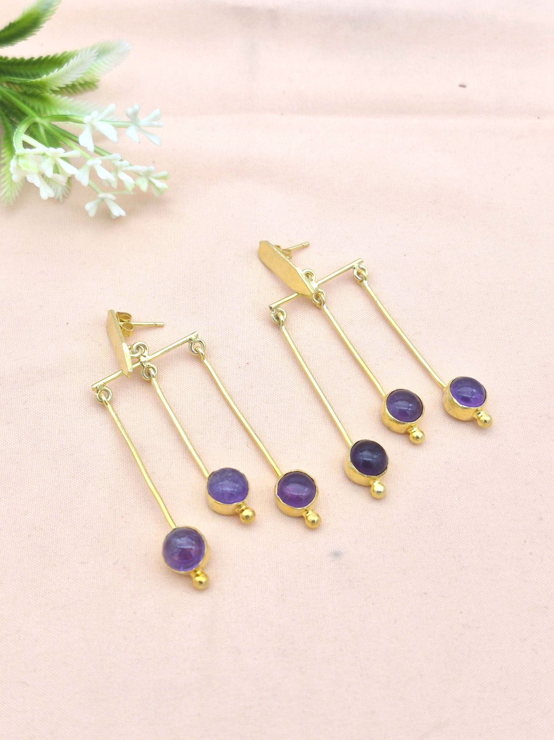 Gold plated Hanging Earrings with Amethyst - Elegant Semi Precious Stone Dangle Jewelry