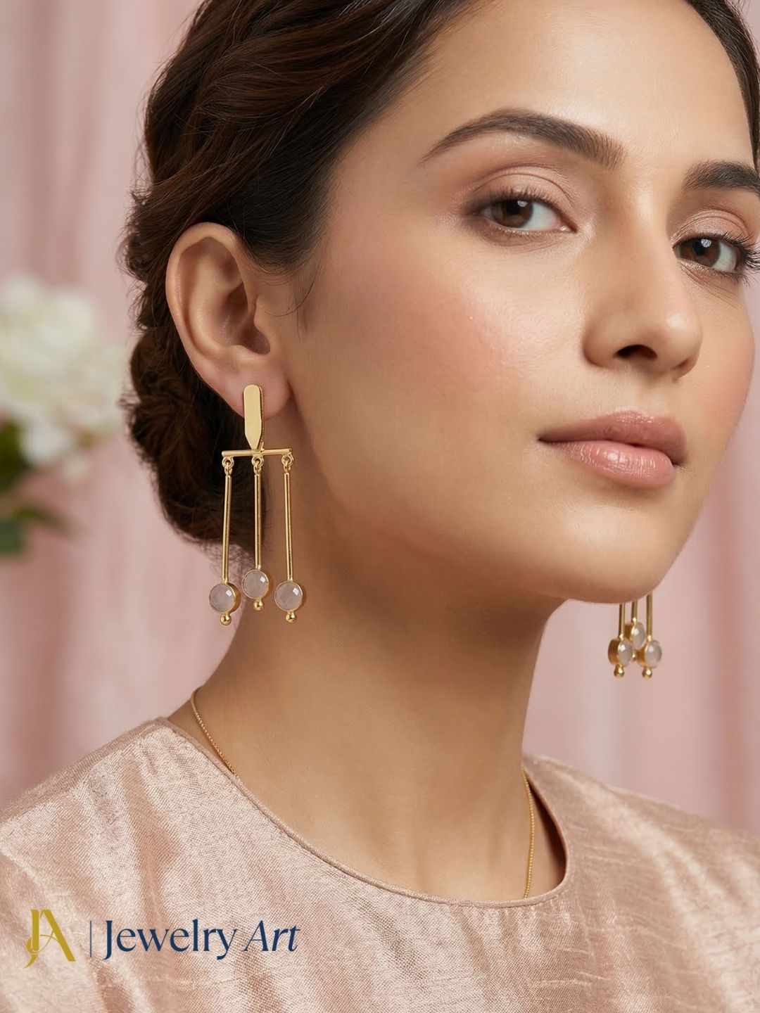 Stylish gold plated dangle earrings featuring rose quartz stone fashion jewelry for women
