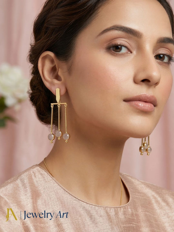 Stylish gold plated dangle earrings featuring rose quartz stone fashion jewelry for women
