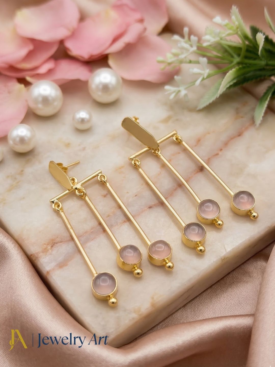 Gorgeous Gold plated Dangle Earrings -Rose Quartz Semi Precious Stone Hanging Designer Jewelry