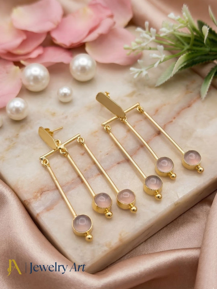 Gorgeous Gold plated Dangle Earrings -Rose Quartz Semi Precious Stone Hanging Designer Jewelry