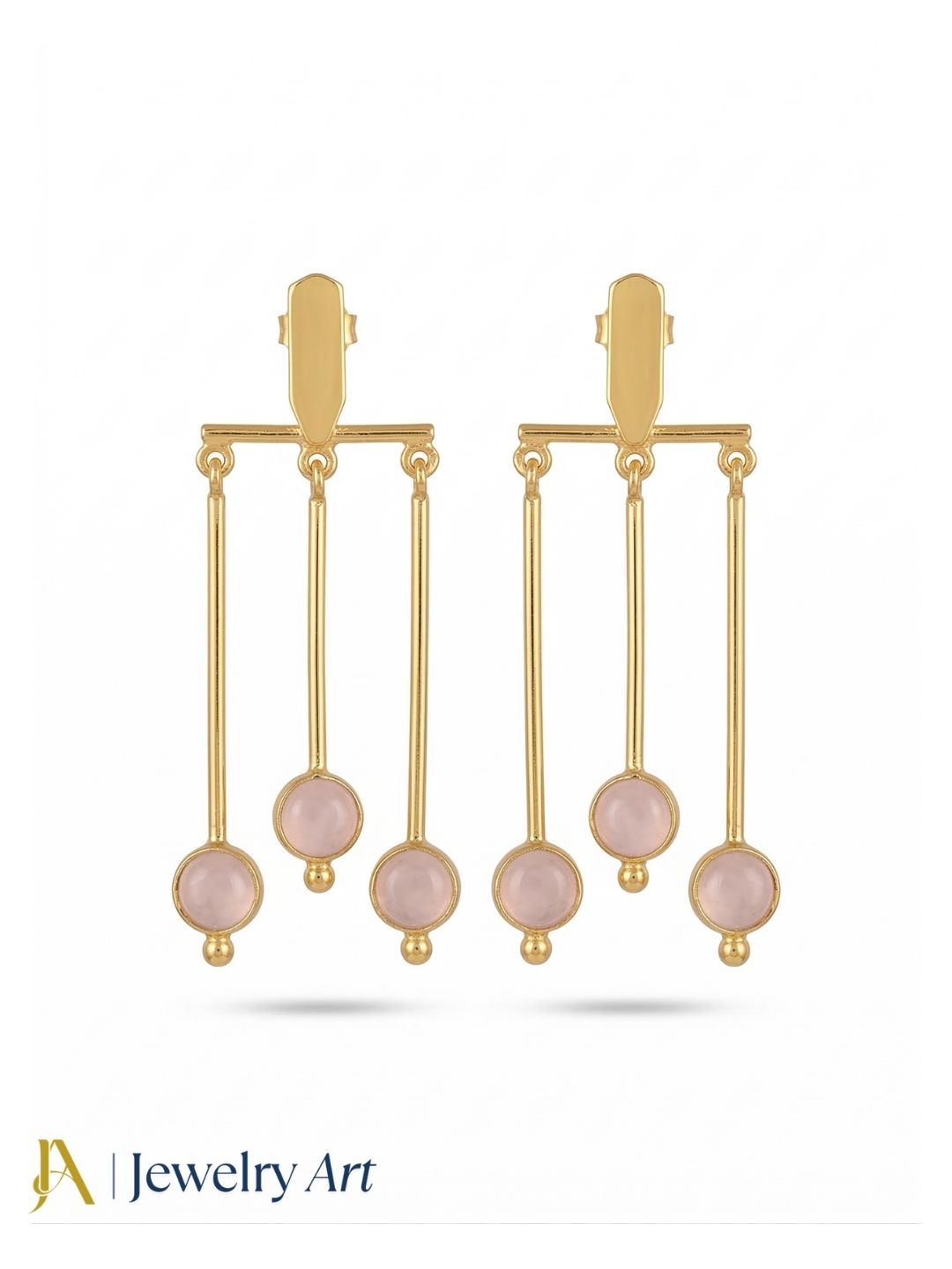 Gorgeous Gold plated Dangle Earrings -Rose Quartz Semi Precious Stone Hanging Designer Jewelry