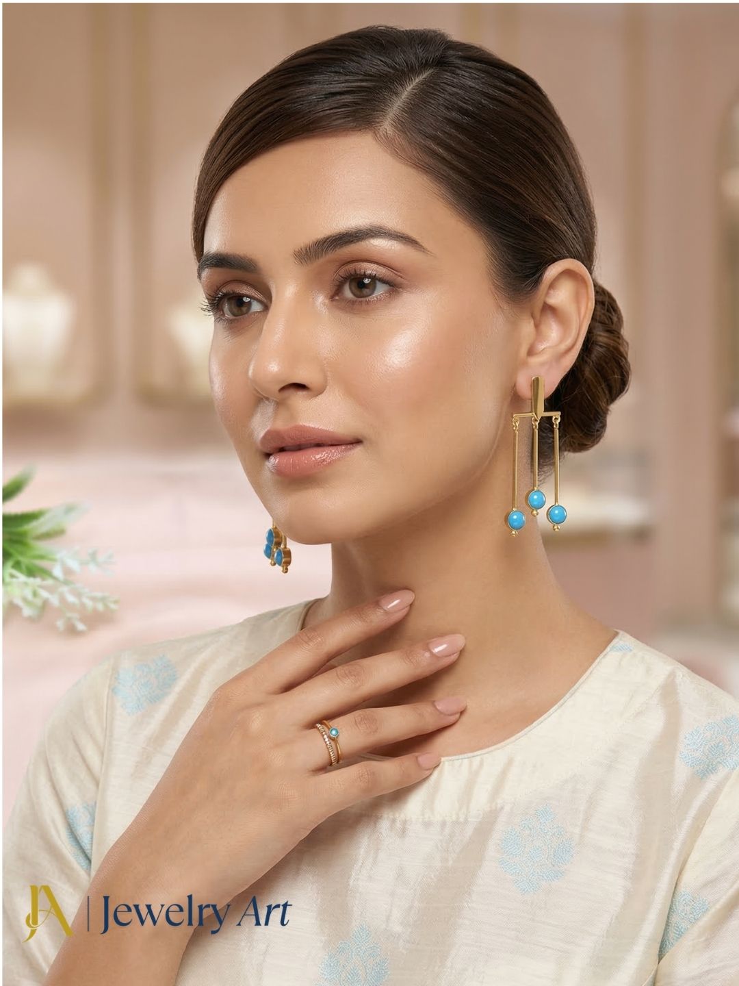 Elegant gold plated hanging earrings with semi precious synthetic turquoise stone designer dangle earrings 
