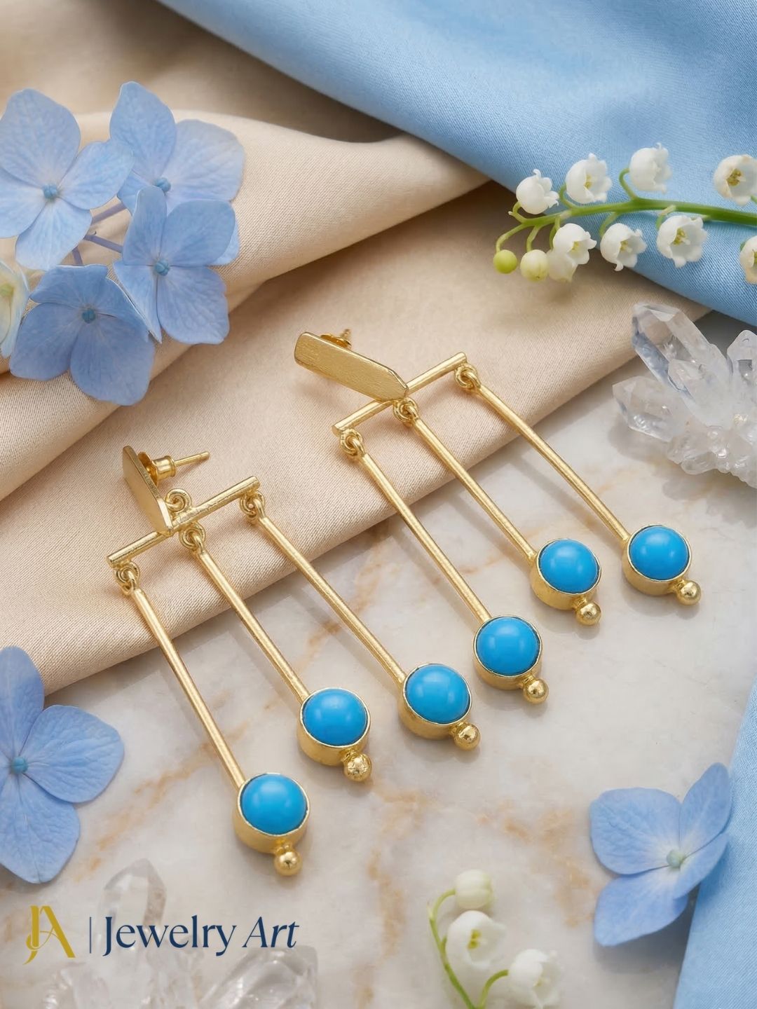 Awesome Gold plated Dangle Earrings - Synthetic Turquoise Stone Hanging Designer jewelry