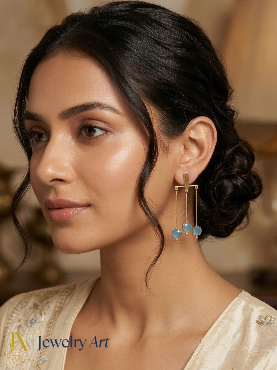 Trendy gold plated chalcedony stone hanging earrings with lightweight jewelry
