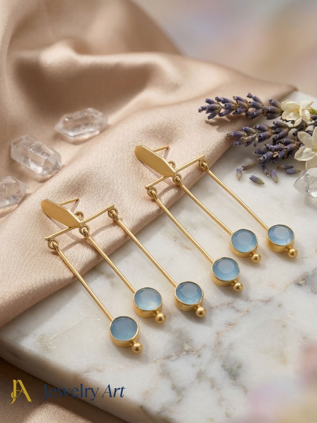 Amazing Gold plated Dangle Earrings - Chalcedony Semi Precious Stone Hanging Designer Jewelry