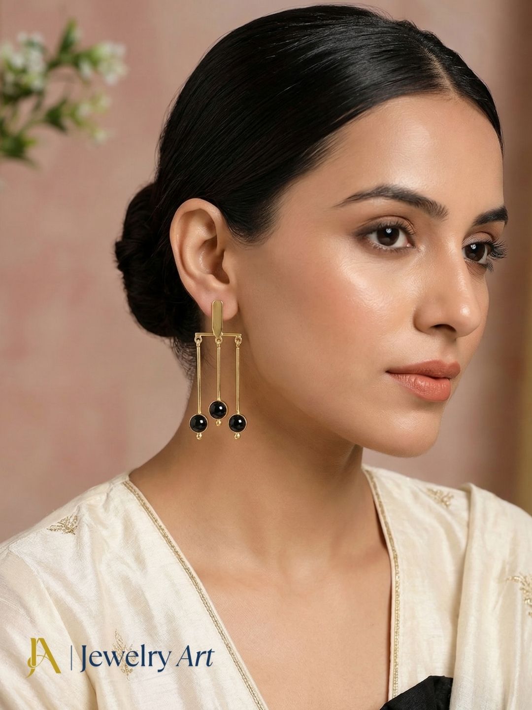 Trendy statement earrings with black onyx gemstone smooth finish style
