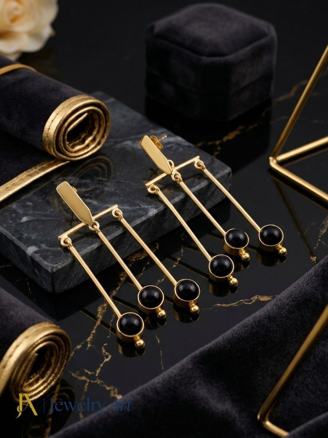 Amazing Gold plated Dangle Earrings - Black Onyx Semi Precious Stone Hanging Designer Jewelry