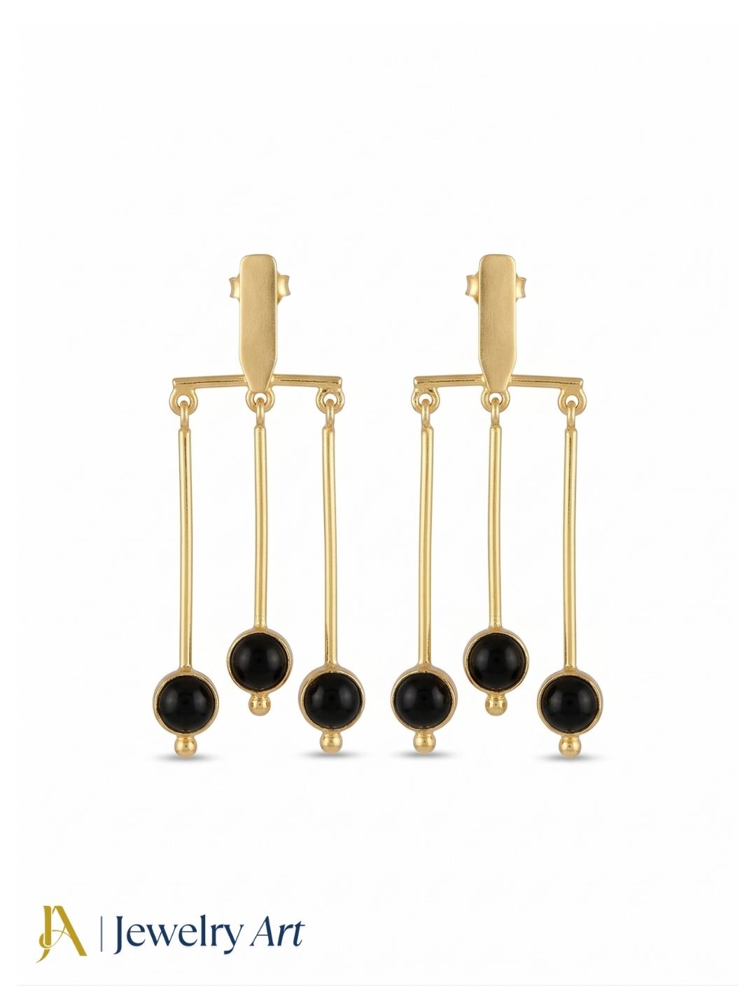 Amazing Gold plated Dangle Earrings - Black Onyx Semi Precious Stone Hanging Designer Jewelry