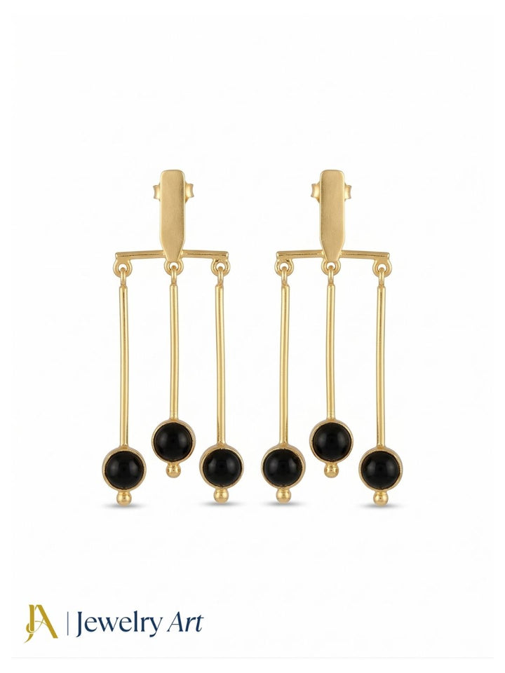 Amazing Gold plated Dangle Earrings - Black Onyx Semi Precious Stone Hanging Designer Jewelry
