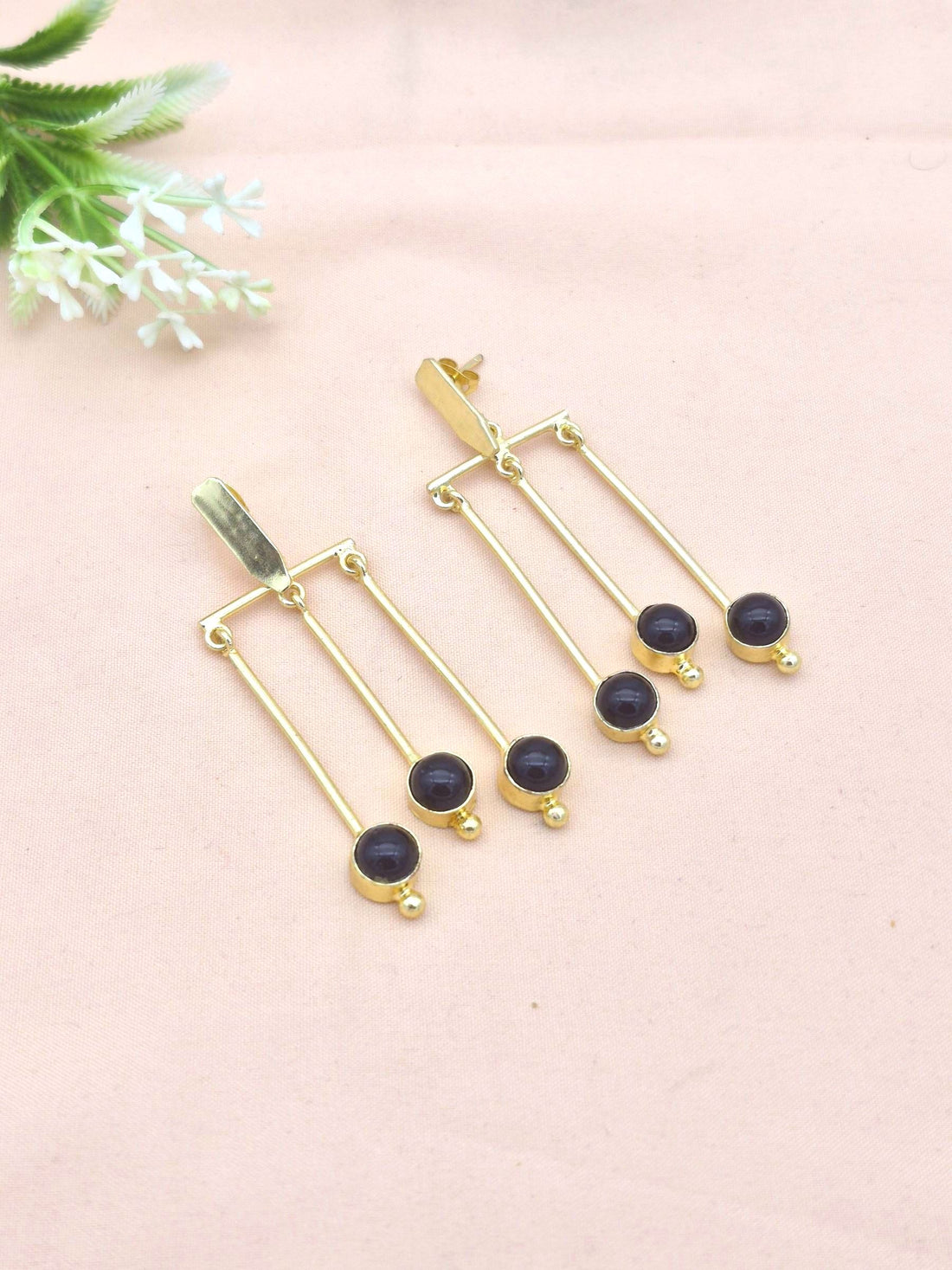 Amazing Gold plated Dangle Earrings - Black Onyx Semi Precious Stone Hanging Designer Jewelry
