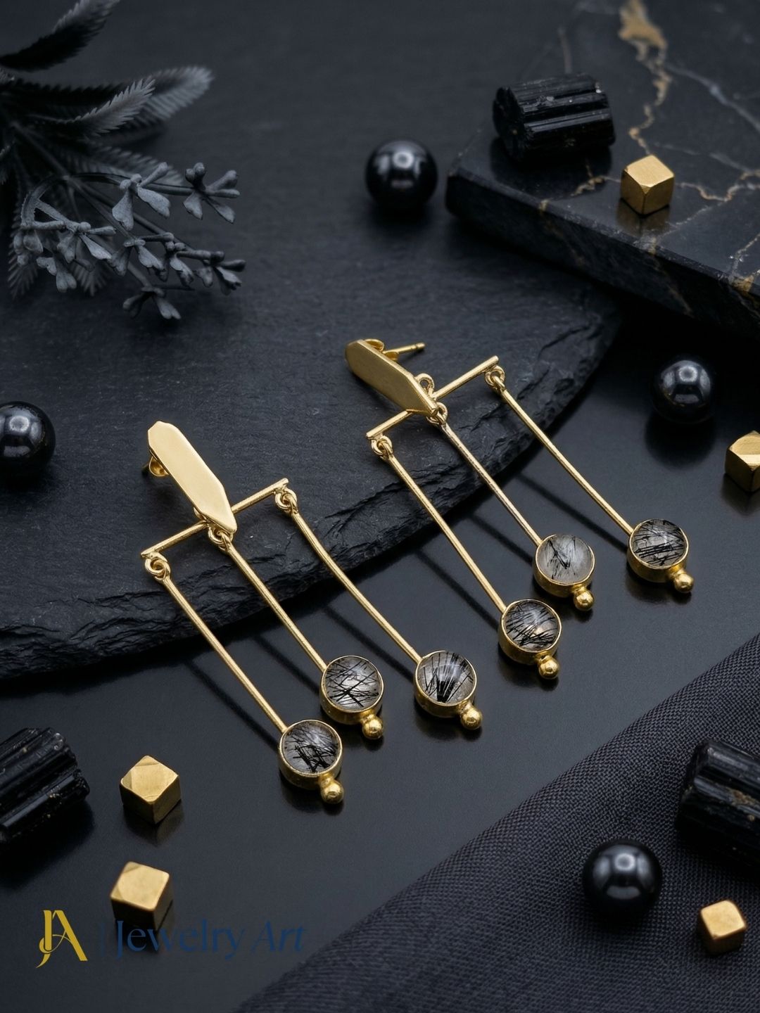 Handcrafted Gold plated Dangle Earrings - Rutile Quartz Semi Precious Stone Hanging Designer Jewelry