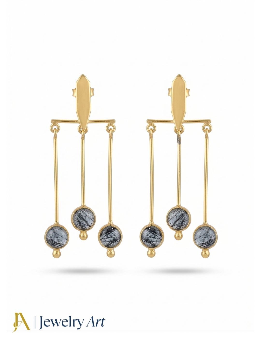 Handcrafted Gold plated Dangle Earrings - Rutile Quartz Semi Precious Stone Hanging Designer Jewelry