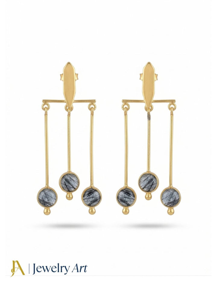 Handcrafted Gold plated Dangle Earrings - Rutile Quartz Semi Precious Stone Hanging Designer Jewelry