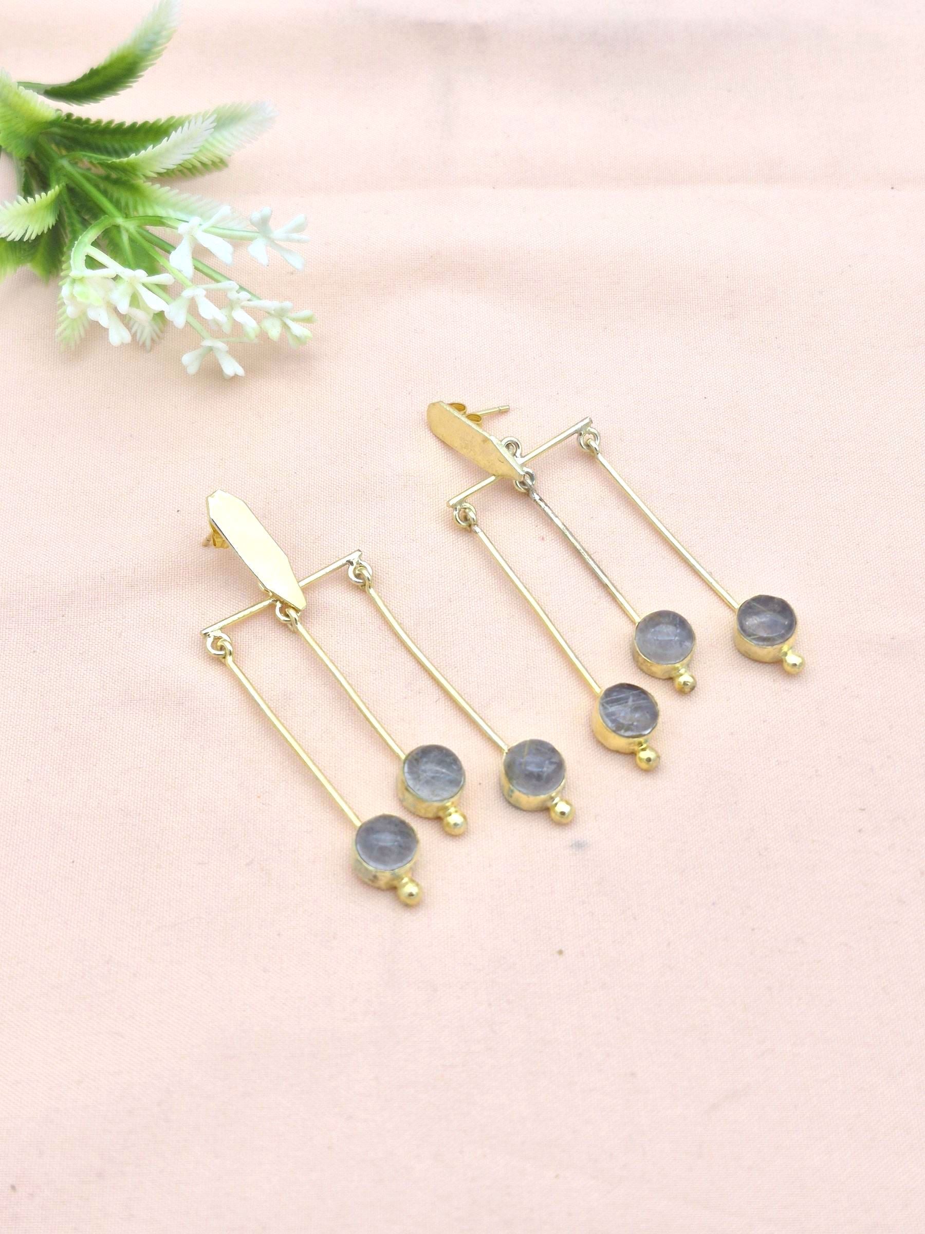 Handcrafted Gold plated Dangle Earrings - Rutile Quartz Semi Precious Stone Hanging Designer Jewelry