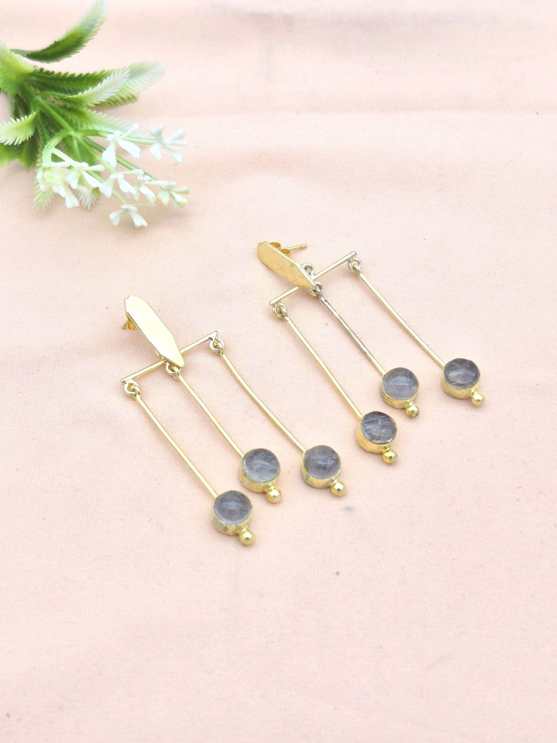 Handcrafted Gold plated Dangle Earrings - Rutile Quartz Semi Precious Stone Hanging Designer Jewelry