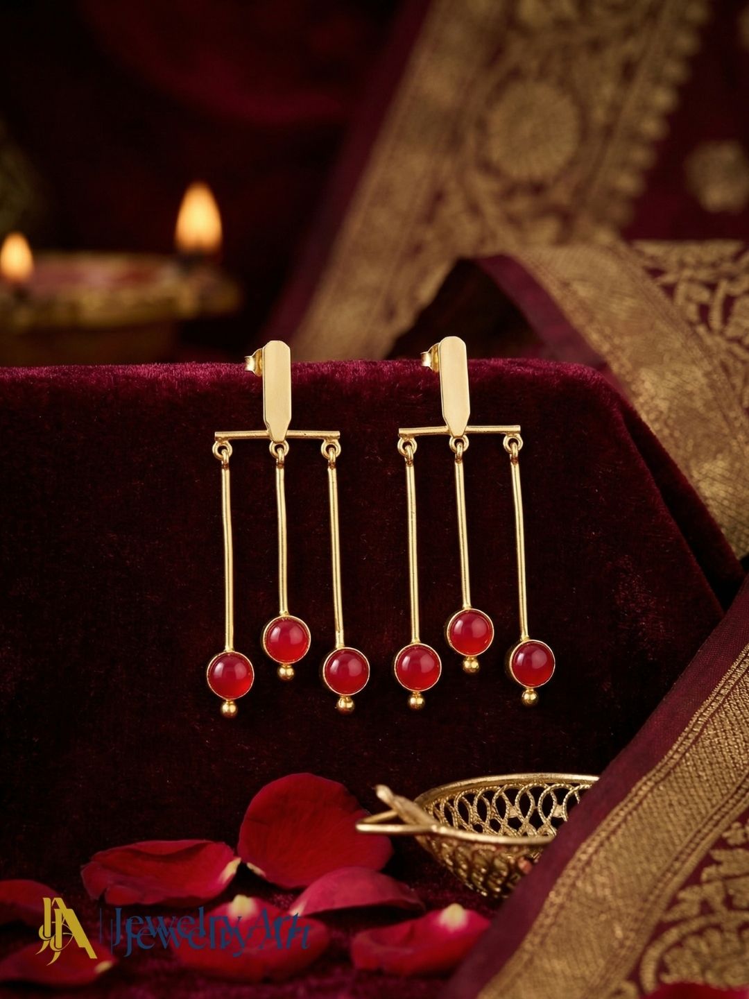 Gorgeous Gold plated Dangle Earrings - Red Glass Stone Hanging Designer Jewelry