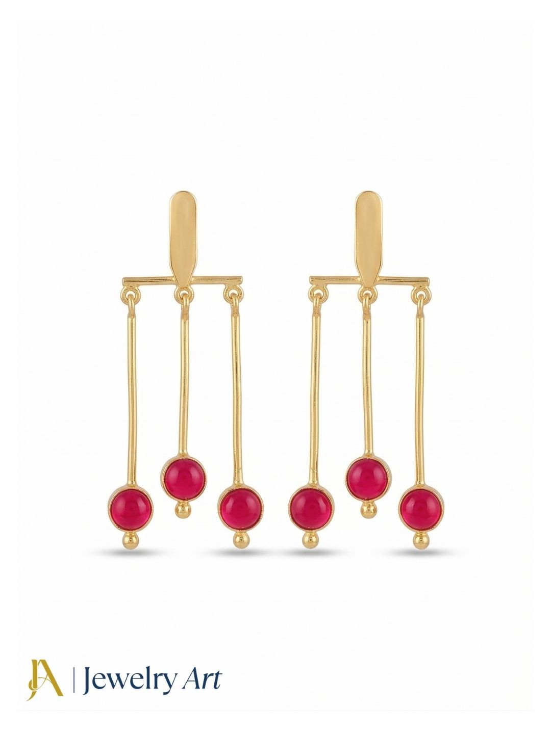 Gorgeous Gold plated Dangle Earrings - Red Glass Stone Hanging Designer Jewelry